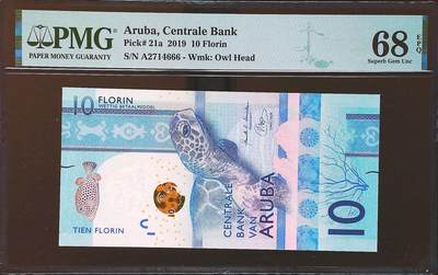 世界靓号纸钞第七十九期 - 2019年阿鲁巴10弗洛林 首发A冠 豹子号666 PMG68 非常精美的一张钞