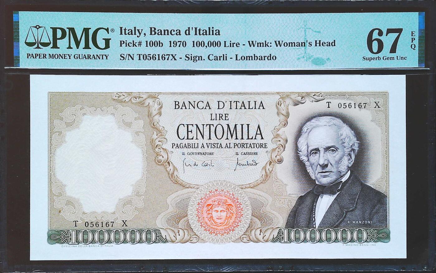 世界靓号纸钞第七十九期 1970年意大利100000里拉 全程无4 PMG67 超高分 经典曼佐尼