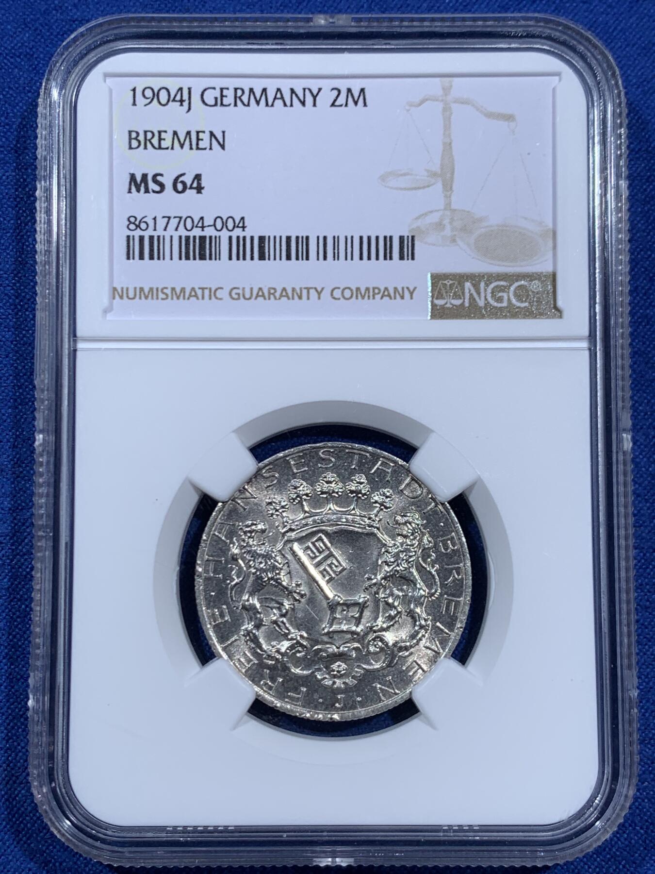 《竞宝斋》第452场 周日，周一 2场连拍 （全场包邮，欢迎送拍） NGC MS64 德国 1904年 不莱梅长翅2马克银币，少见自由市马克