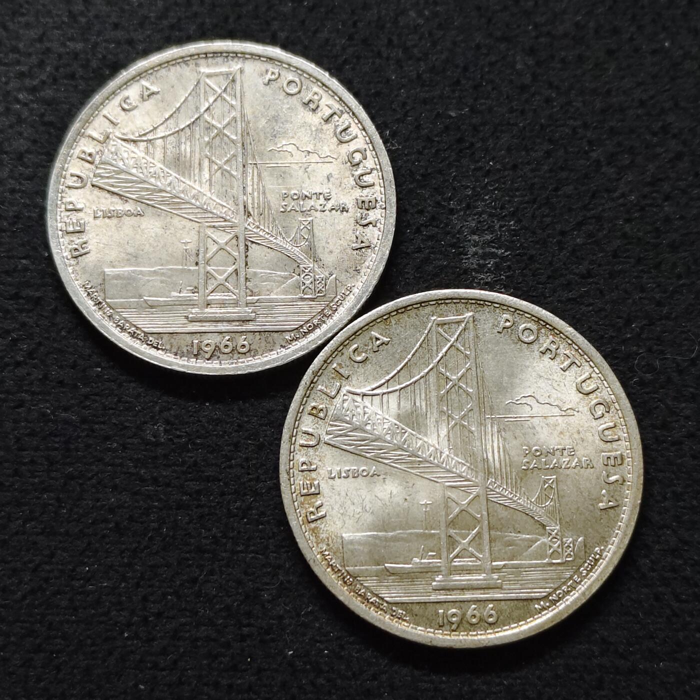 【全场包邮】纯粹捡漏拍491场（免费代拍第28场） 葡萄牙1966年20埃斯库多萨拉扎大桥通车（30毫米10克）纪念银币2枚一组