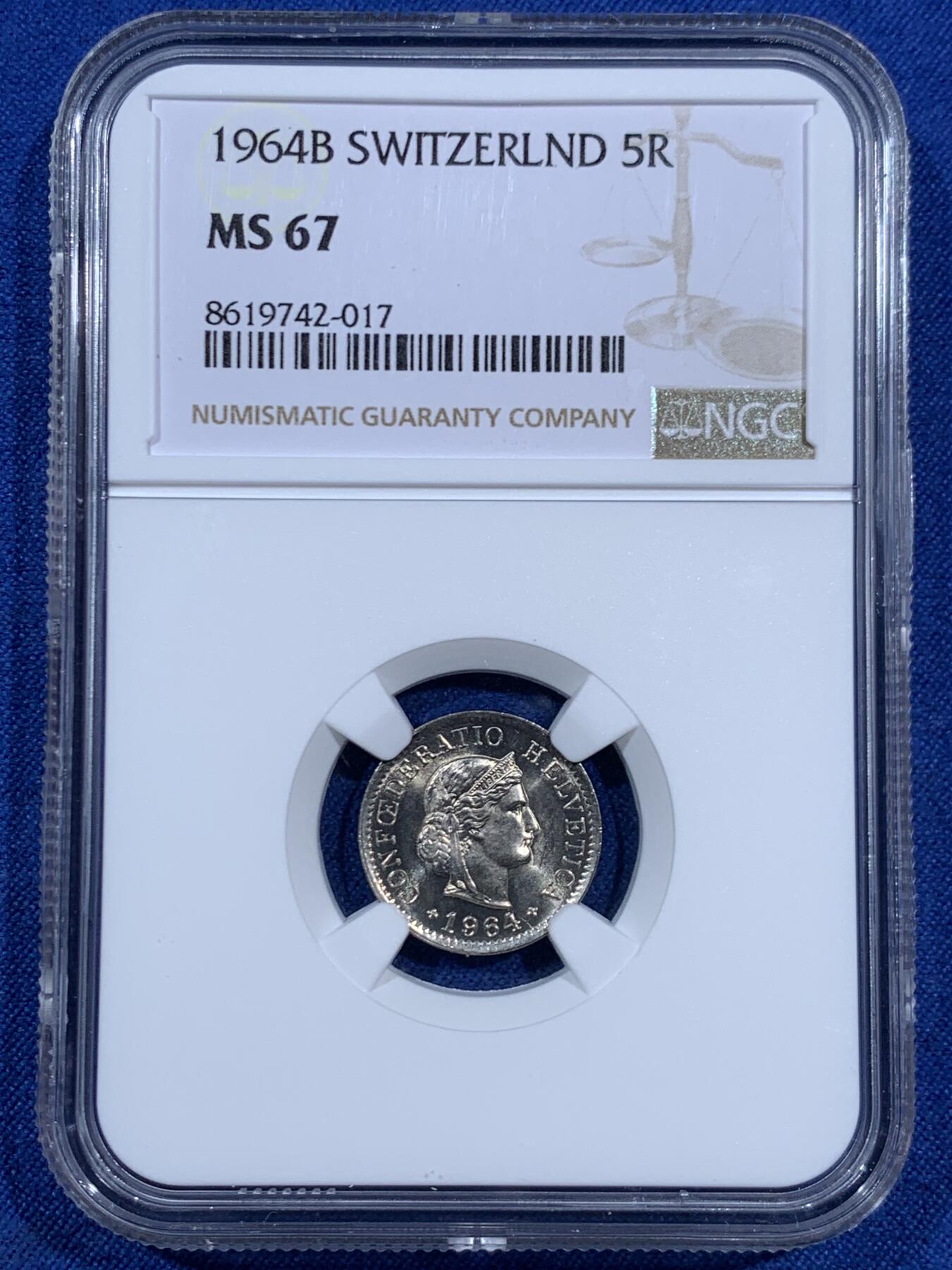 《竞宝斋》第452场 周日，周一 2场连拍 （全场包邮，欢迎送拍） NGC MS67 瑞士1964年5R 正面为自由女神-利伯塔斯侧像