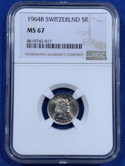 《竞宝斋》第452场 周日，周一 2场连拍 （全场包邮，欢迎送拍） - NGC MS67 瑞士1964年5R 正面为自由女神-利伯塔斯侧像