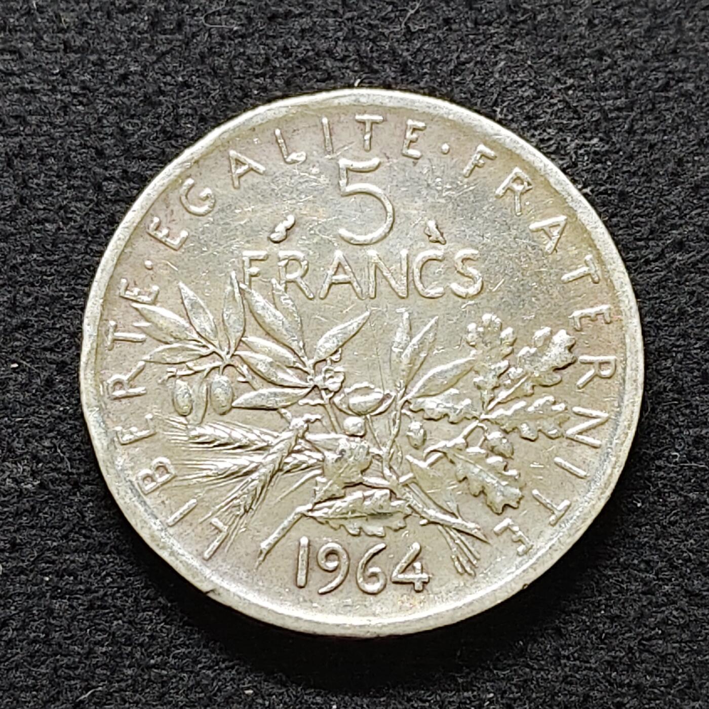 【全场包邮】纯粹捡漏拍491场（免费代拍第28场） 法国1964年5法郎（29毫米12克）银币