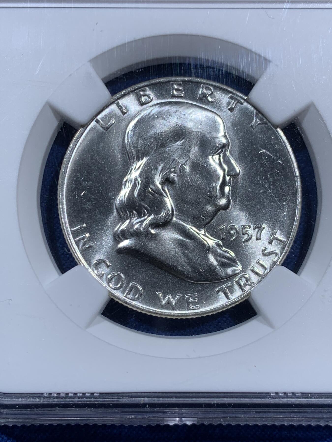 《竞宝斋》第452场 周日，周一 2场连拍 （全场包邮，欢迎送拍） NGC MS64 美国1957年富兰克林D版 50美分银币 满银光好品（同年美国发行最后一版银币劵）