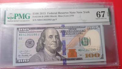 【新年首拍】世界钱币～微拍第222期暨2025年第62期  评级币专场 剩余部分硬通评级币汇率起拍 欢迎参与 - 2013年美国100元 带4号码 尾号2288 PMG67E