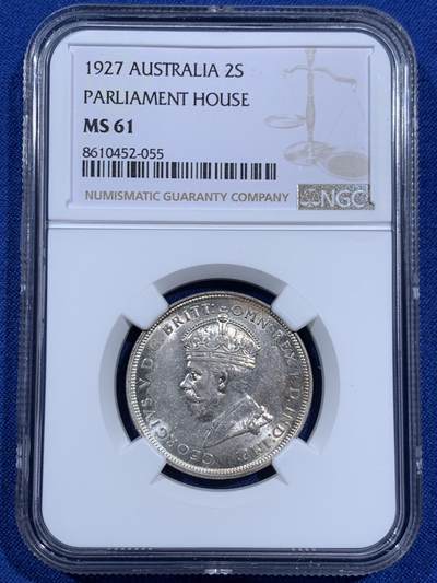 《竞宝斋》第452场 周日，周一 2场连拍 （全场包邮，欢迎送拍） - NGC MS61 澳大利亚1927年堪培拉国会大厦纪念银币，原色银光好状态，澳大利亚的第一款纪念币，值得入手