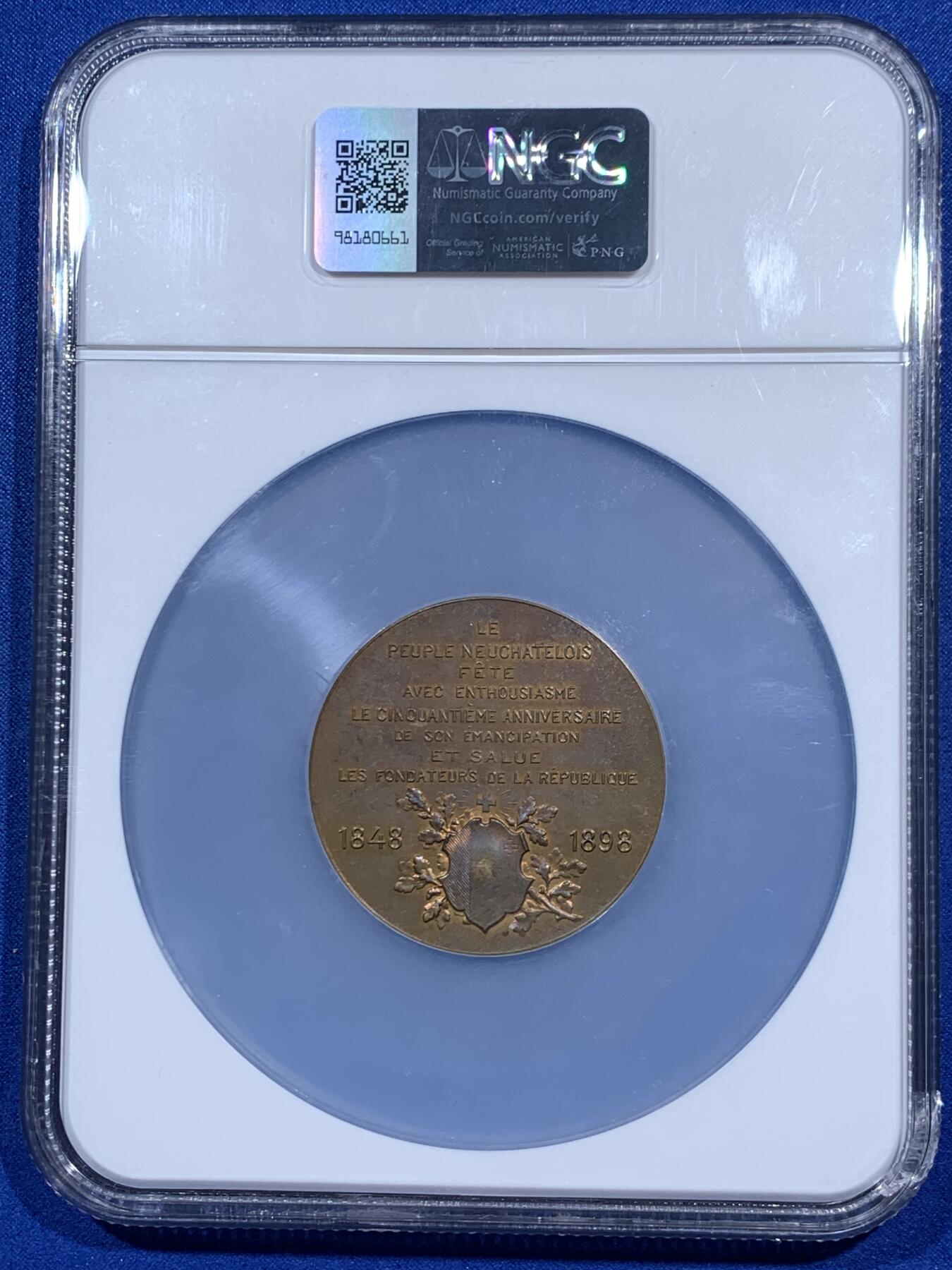 《竞宝斋》第452场 周日，周一 2场连拍 （全场包邮，欢迎送拍） NGC MS63 瑞士1898年纳沙泰尔纪念脱离普鲁士加入瑞士50周年铜章 大盒封装