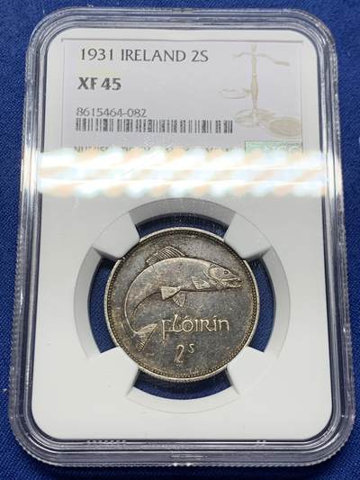 《竞宝斋》第452场 周日，周一 2场连拍 （全场包邮，欢迎送拍） - NGC XF45 爱尔兰1931年鲑鱼2先令银币