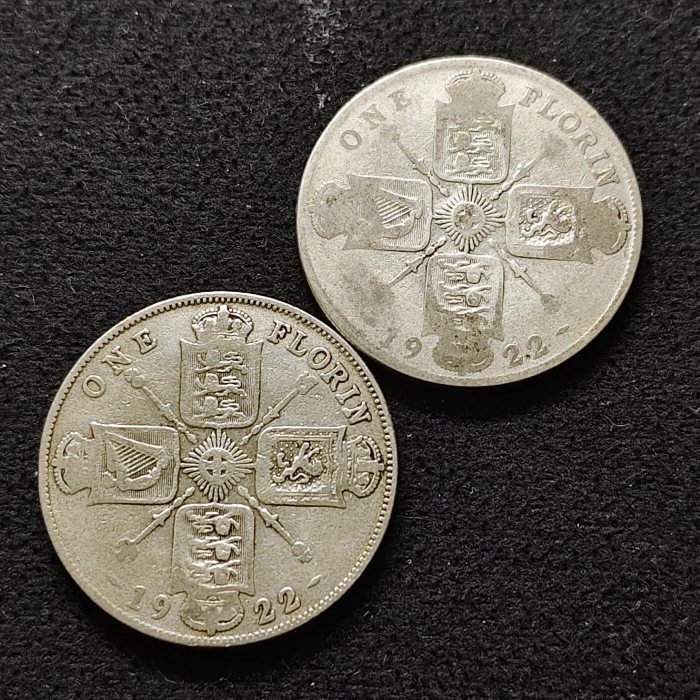 【全场包邮】纯粹捡漏拍491场（免费代拍第28场） 英国1922年乔治五世1佛罗林（28.3毫米11.31克）银币2枚一组（共计22.62克）