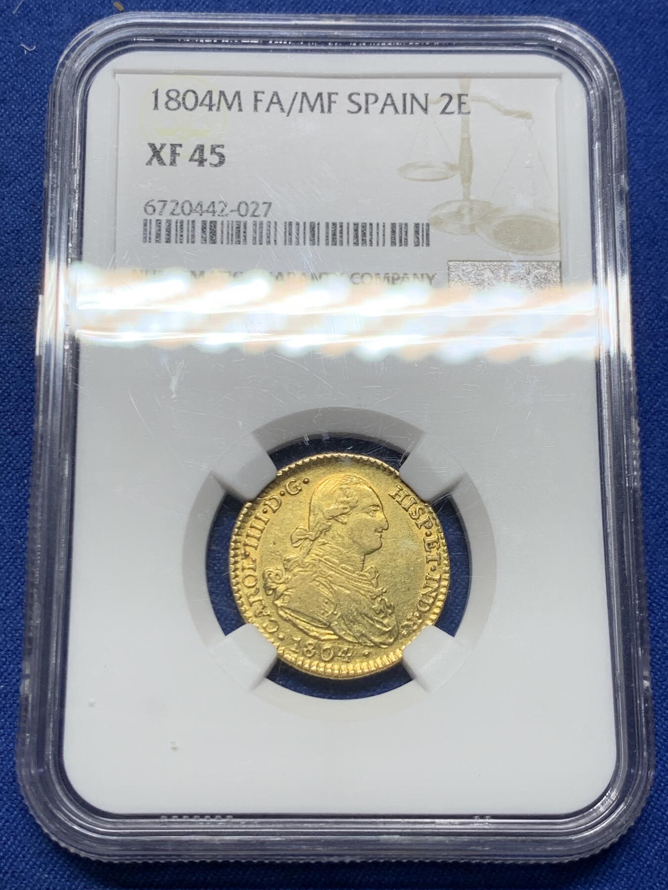 《竞宝斋》第452场 周日，周一 2场连拍 （全场包邮，欢迎送拍） NGC XF45 西班牙1804年卡洛斯四世2埃斯库多金币 875金 6.7克