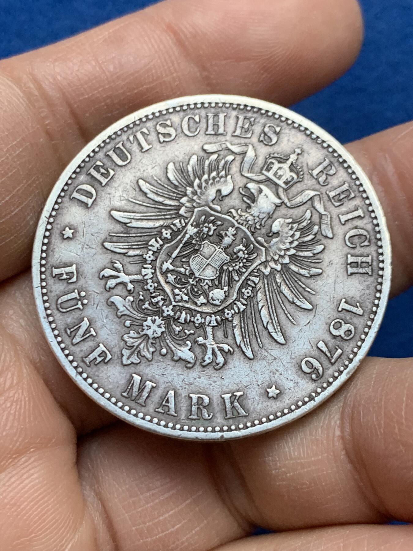 《竞宝斋》第452场 周日，周一 2场连拍 （全场包邮，欢迎送拍） 德国1876年汉堡双狮-短翅5马克银币