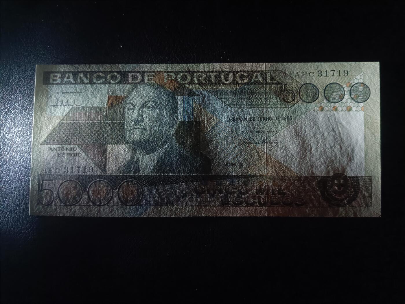 2026首期，总第211期 葡萄牙1985年5000艾斯库多UNC-，哲学家安东尼奥.苏萨，此序列最高面值