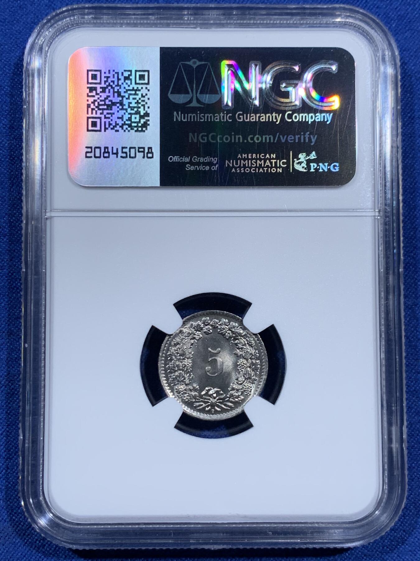 《竞宝斋》第452场 周日，周一 2场连拍 （全场包邮，欢迎送拍） NGC MS67 瑞士1964年5R 正面为自由女神-利伯塔斯侧像