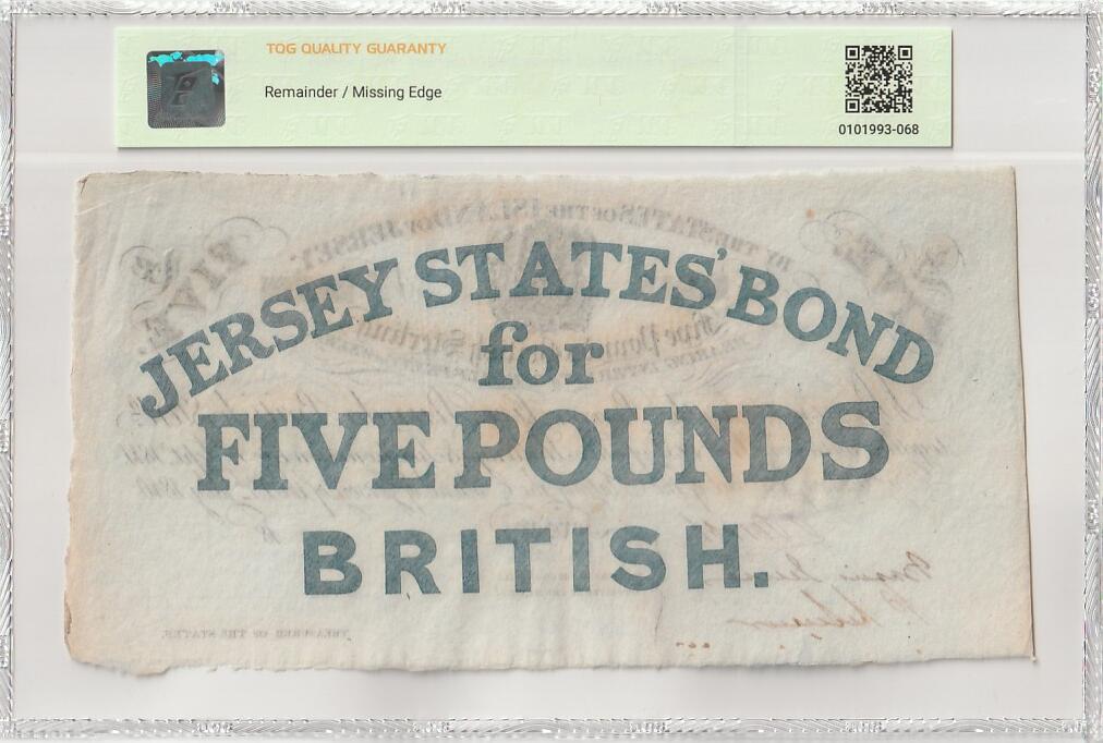 2026首期，总第211期 泽西岛1840年5镑TQG50分未签发库存票，稀有的皇室领地白镑品种，边缘和白色英镑相同的经典不规则滚边工艺