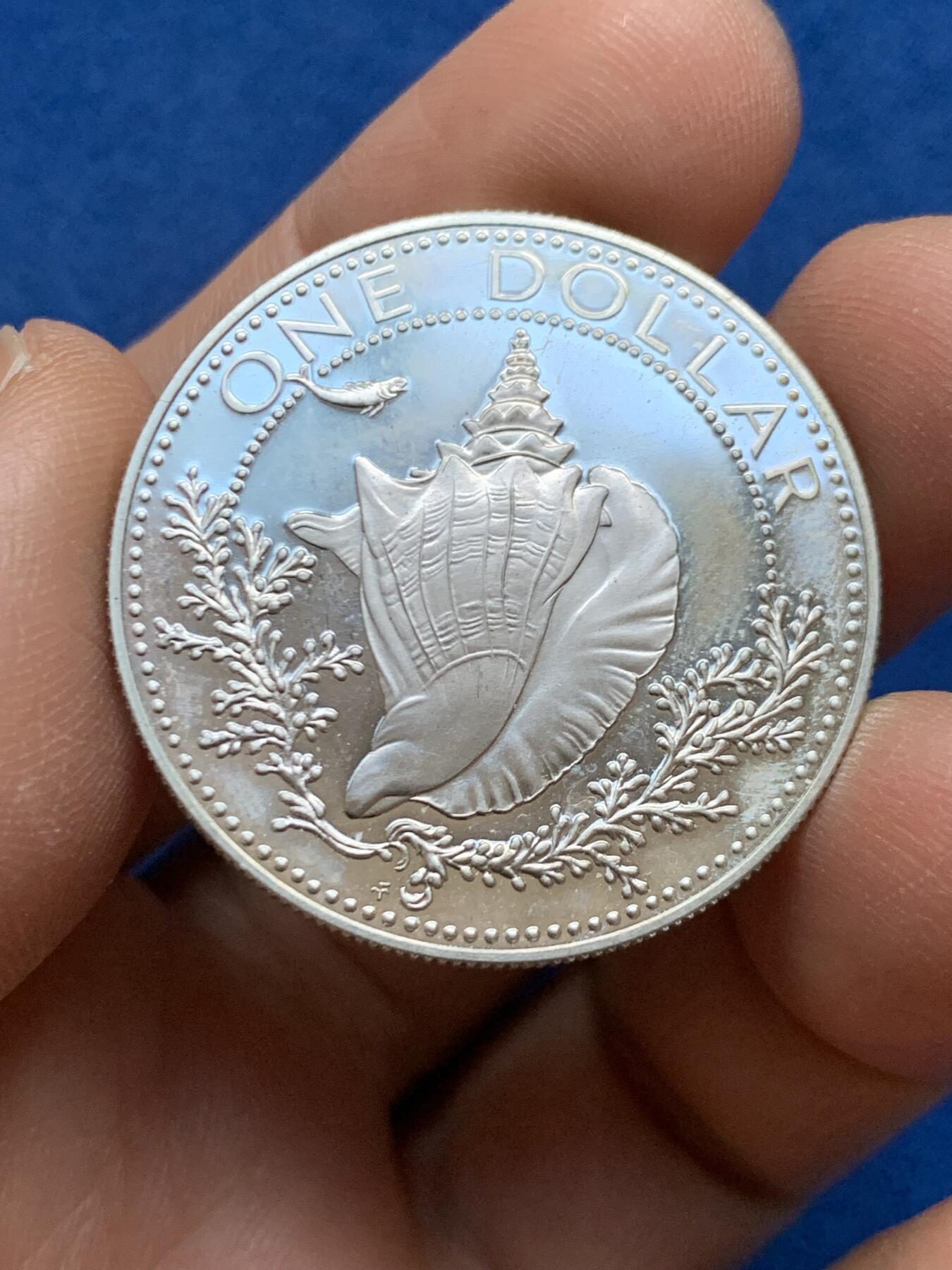 《竞宝斋》第452场 周日，周一 2场连拍 （全场包邮，欢迎送拍） 巴哈马1974年海螺1元精制银币 800银 18.3g