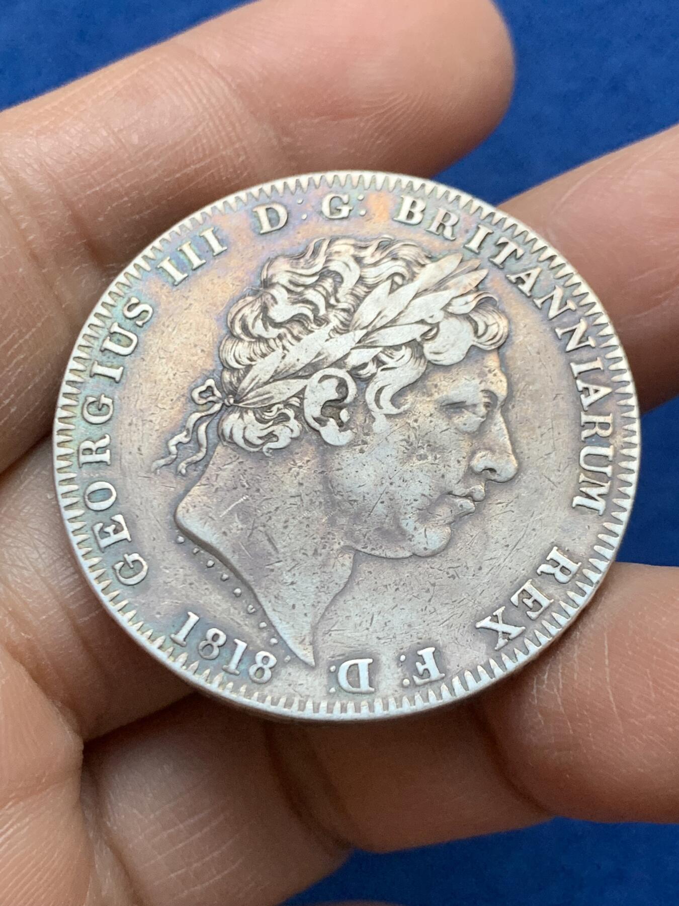 《竞宝斋》第452场 周日，周一 2场连拍 （全场包邮，欢迎送拍） 英国1818年乔治三世马剑克朗银币