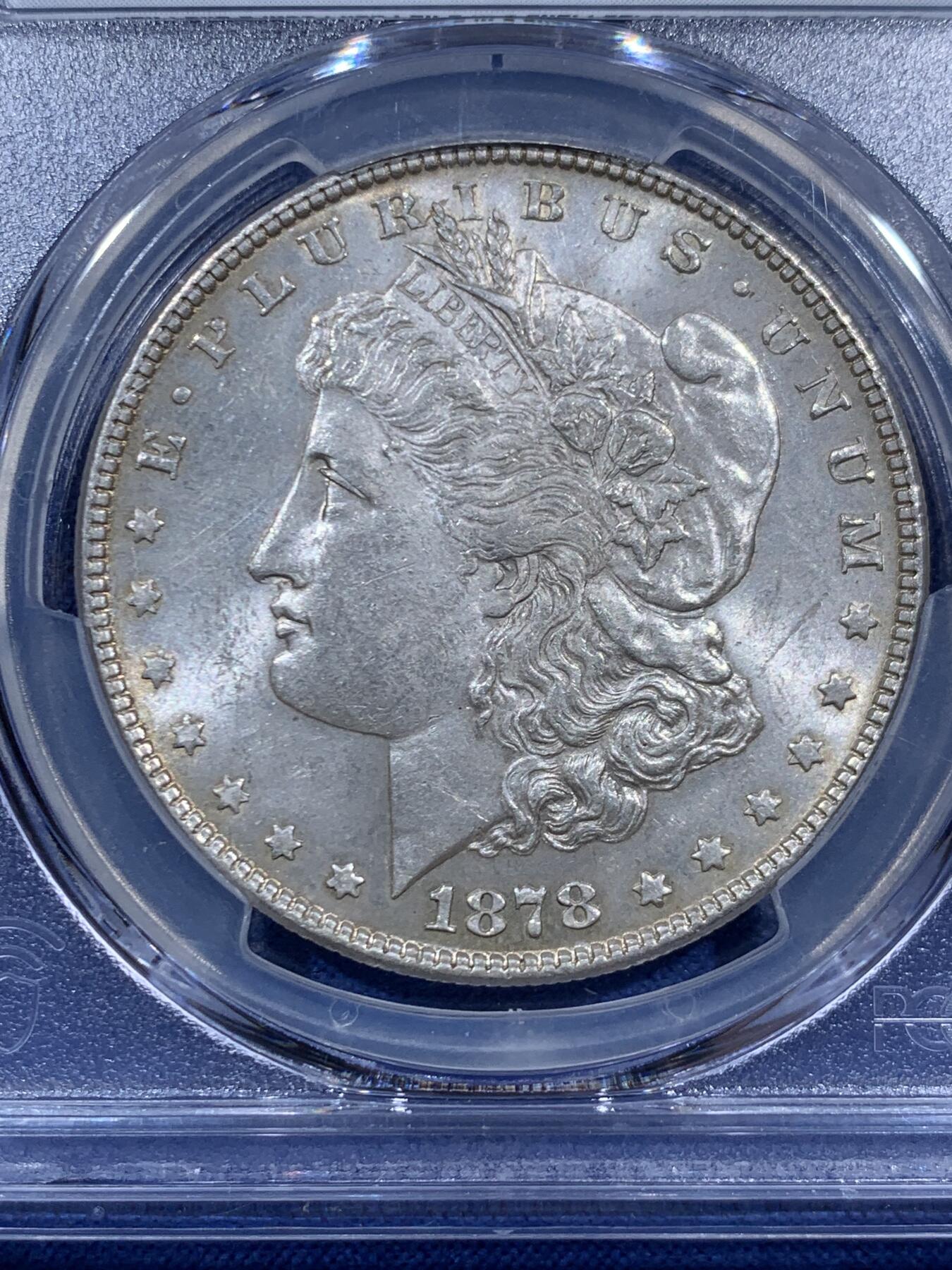《竞宝斋》第452场 周日，周一 2场连拍 （全场包邮，欢迎送拍） PCGS MS62 美国 1878 首年摩根 7/8TF 银币 Strong 尾部羽毛复打 稀有版别 双面包浆自然