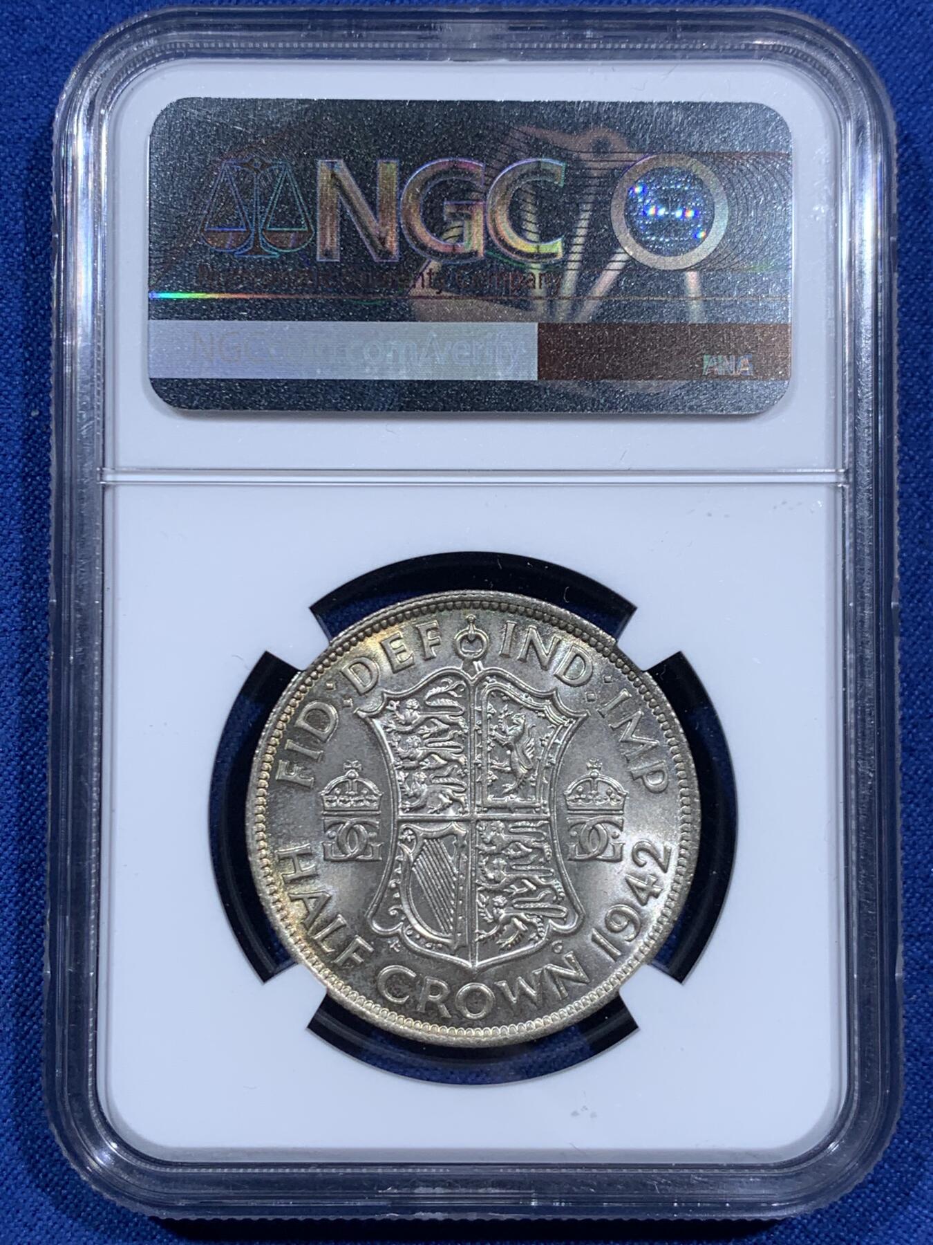 《竞宝斋》第452场 周日，周一 2场连拍 （全场包邮，欢迎送拍） NGC MS64 英国1942年年半克朗银币，BU卷拆好品，背面淡金包浆挺美，乔六的币上64还是有一定难度的