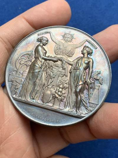 《竞宝斋》第452场 周日，周一 2场连拍 （全场包邮，欢迎送拍） - 法国罗讷省职业教育协会纪念大银章 65.45克 50.5mm 丰饶角银 带原盒