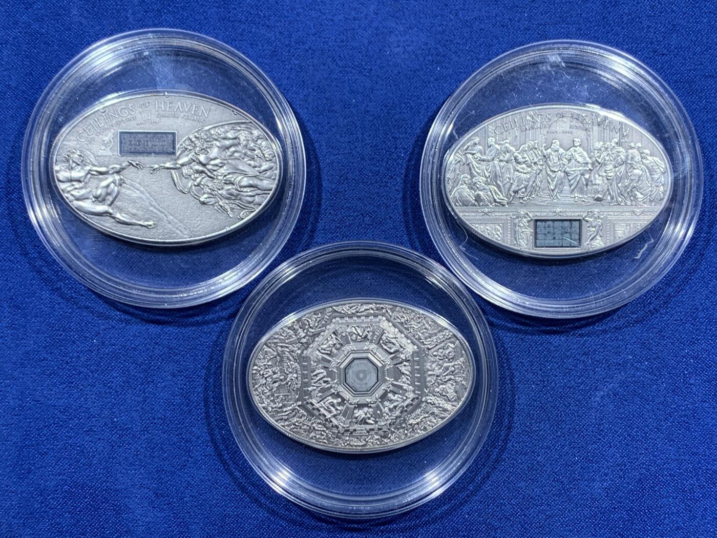 《竞宝斋》第452场 周日，周一 2场连拍 （全场包邮，欢迎送拍） 三枚一组 2012-2014年纳米宗教银币 库克群岛伊丽莎白二世5元 999银 2012年西斯廷教堂（24.8克）+ 2013年拉斐尔（25克）+ 2014年佛罗伦萨大教堂（25.2克），中间图案需要用超级放大镜看