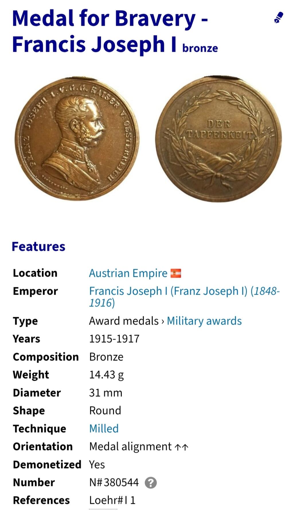 2026年第一场(总第一百七十场）外国好品散币场(免佣金) 奥匈帝国勇气奖章，直径31.1毫米，厚2.4毫米，重10.22克(弗朗茨·约瑟夫一世半身像，1915–1917年第一次世界大战期间铸造，青铜级勇气奖章)