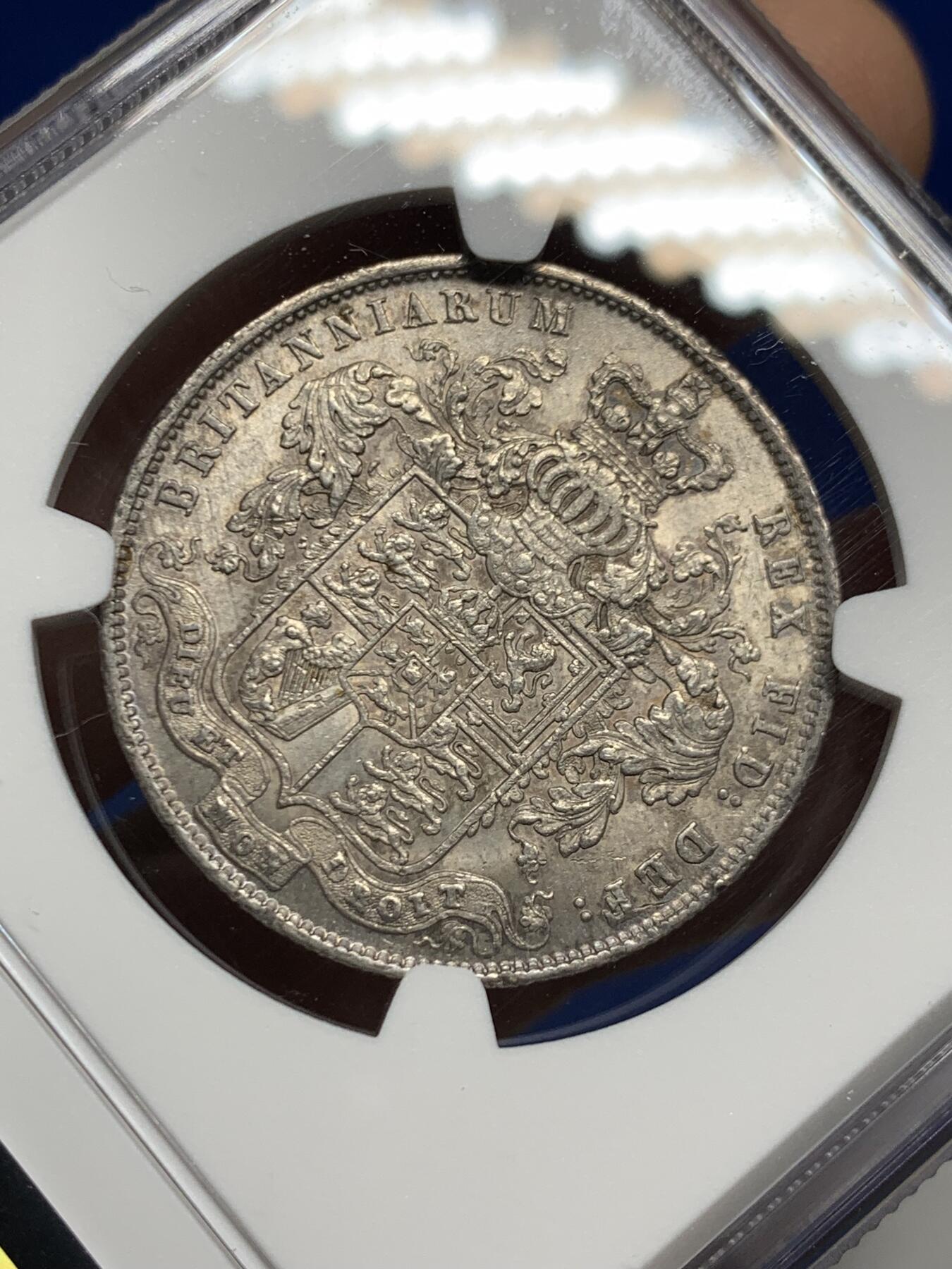 《竞宝斋》第452场 周日，周一 2场连拍 （全场包邮，欢迎送拍） NGC AU55 英国1826乔四半克朗银币，Bear head头像，比1825少很多