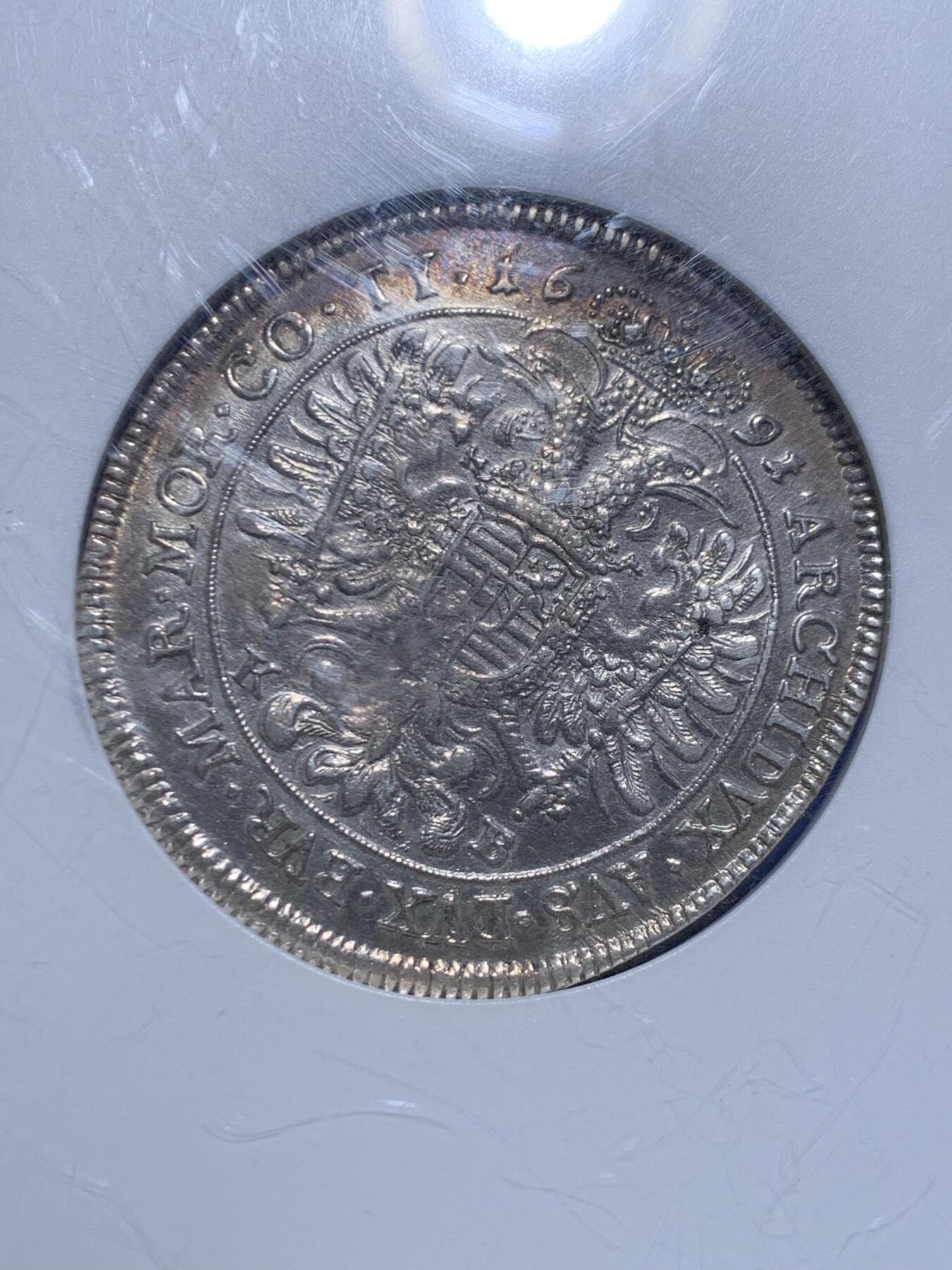 《竞宝斋》第452场 周日，周一 2场连拍 （全场包邮，欢迎送拍） NGC AU 神圣罗马帝国 1691 稀少匈牙利版 利奥博德一世大泰勒 超常规尺寸大盒封装 大波浪经典品种