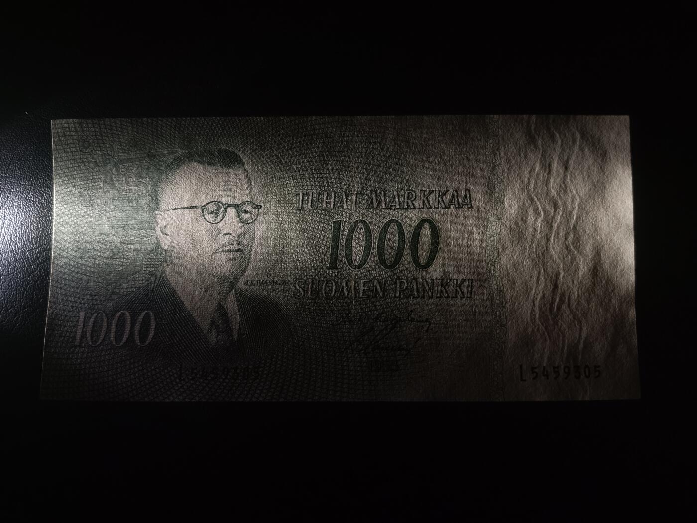 2026首期，总第211期 芬兰1955版1000马克AUNC，政治家帕斯基韦，少见早期旧币制品种