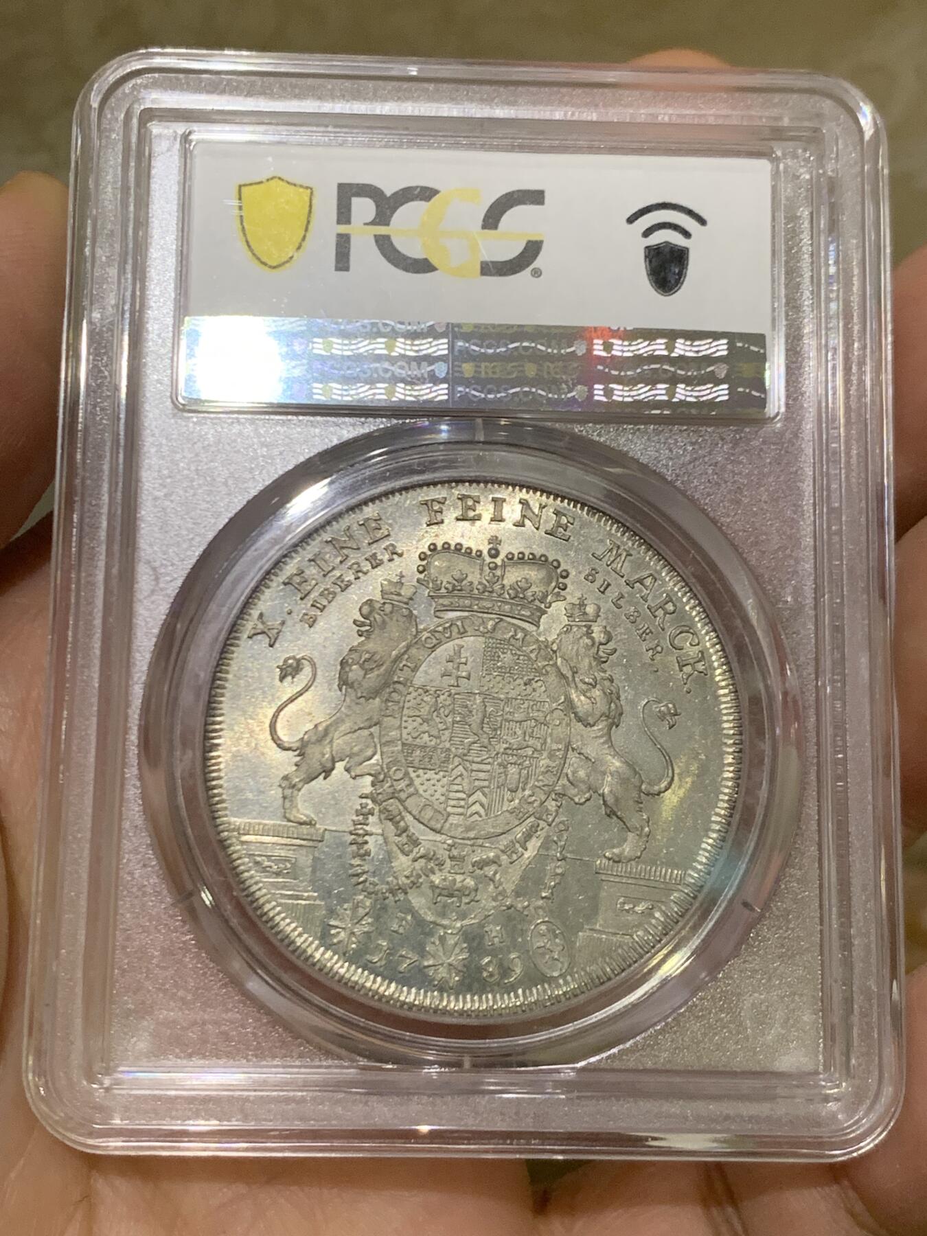 《竞宝斋》第452场 周日，周一 2场连拍 （全场包邮，欢迎送拍） 冠军分 PCGS MS64 德国 1789  黑森-卡塞尔 泰勒大银币 PL底板 丝滑感受 这个状态已无所求