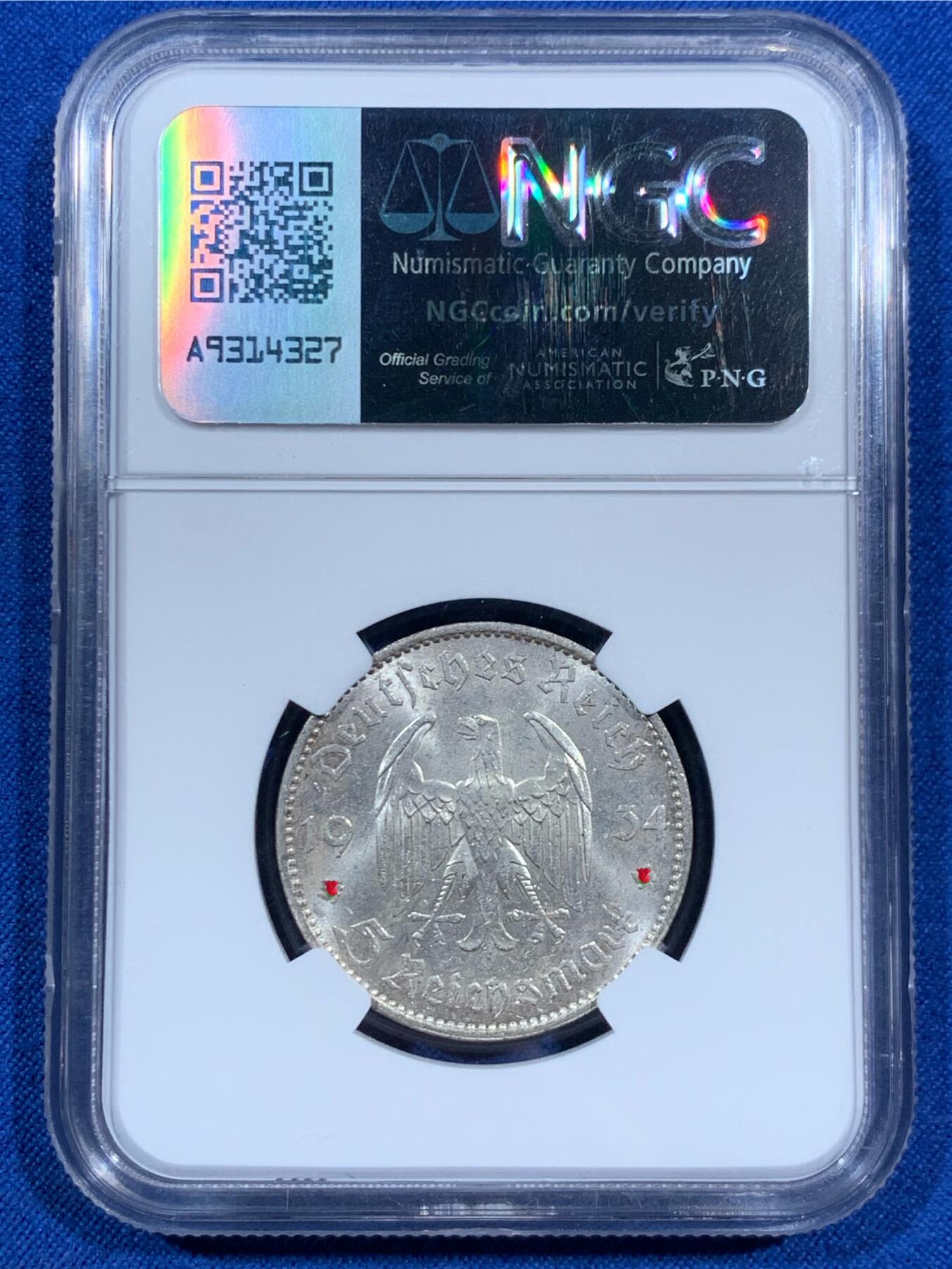 《竞宝斋》第452场 周日，周一 2场连拍 （全场包邮，欢迎送拍） NGC MS61 德国 1934A 波茨坦教堂5马克银币