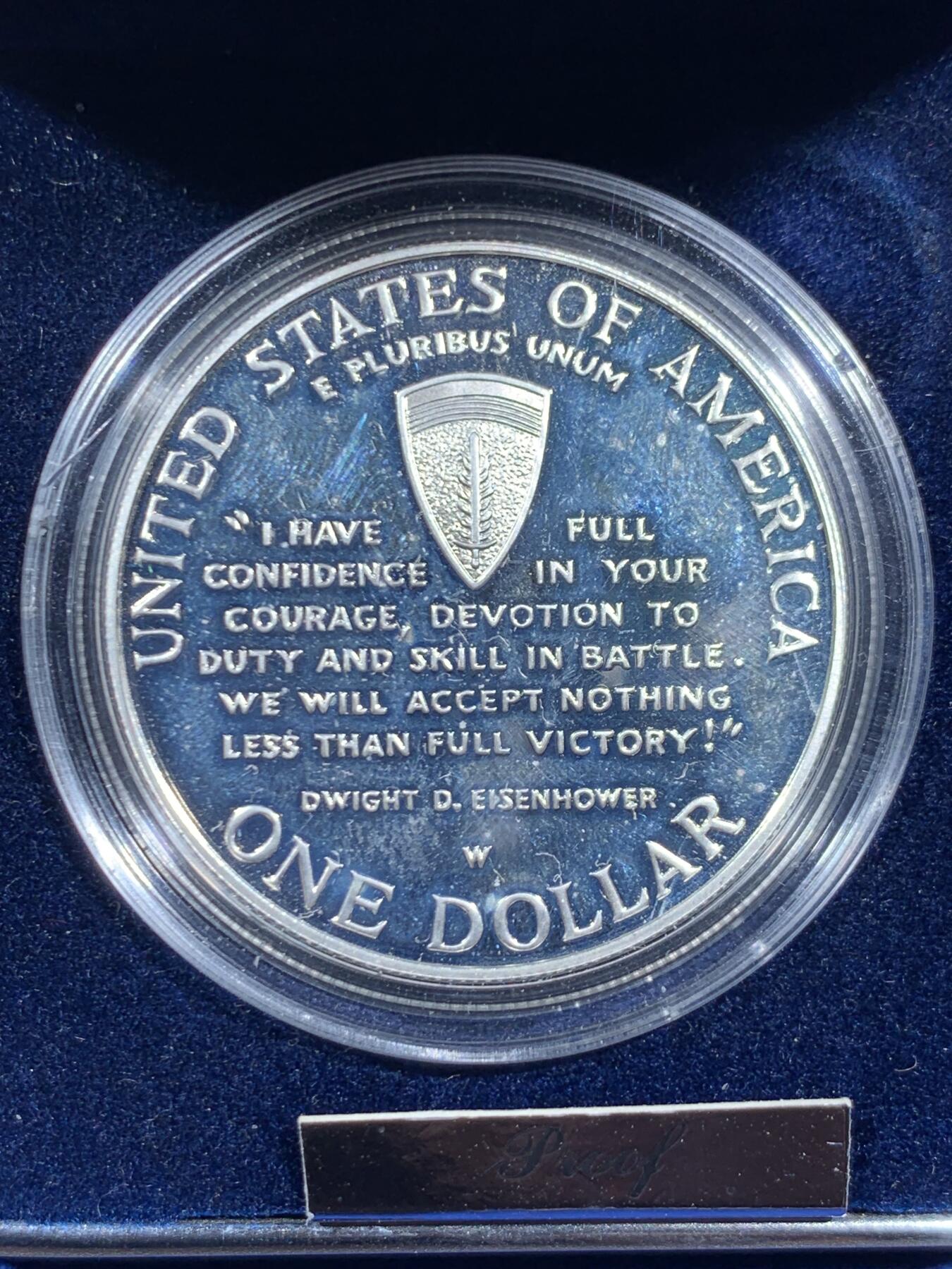 《竞宝斋》第452场 周日，周一 2场连拍 （全场包邮，欢迎送拍） 美国 1991-1995 纪念二战胜利-诺曼底登陆 W版 1元精制银币 26.73克 900银 盒证全