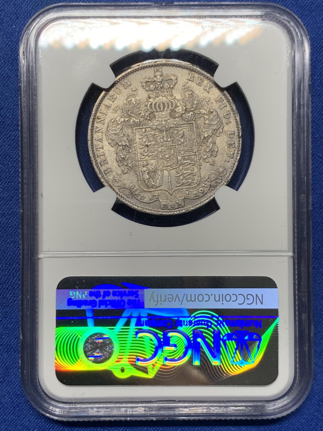 《竞宝斋》第452场 周日，周一 2场连拍 （全场包邮，欢迎送拍） NGC AU55 英国1826乔四半克朗银币，Bear head头像，比1825少很多