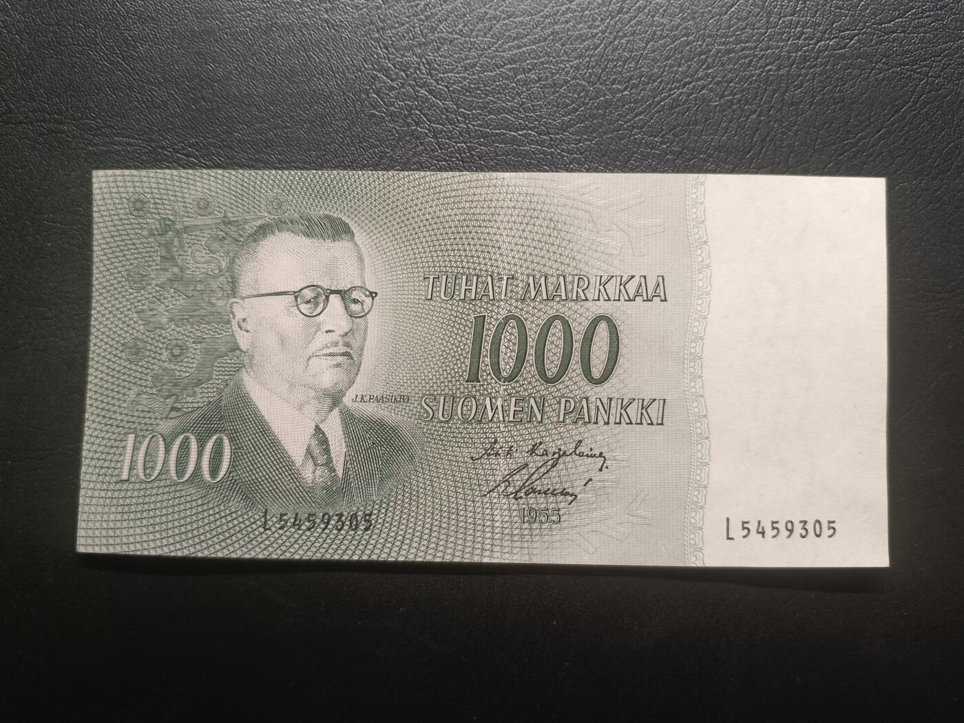 2026首期，总第211期 芬兰1955版1000马克AUNC，政治家帕斯基韦，少见早期旧币制品种