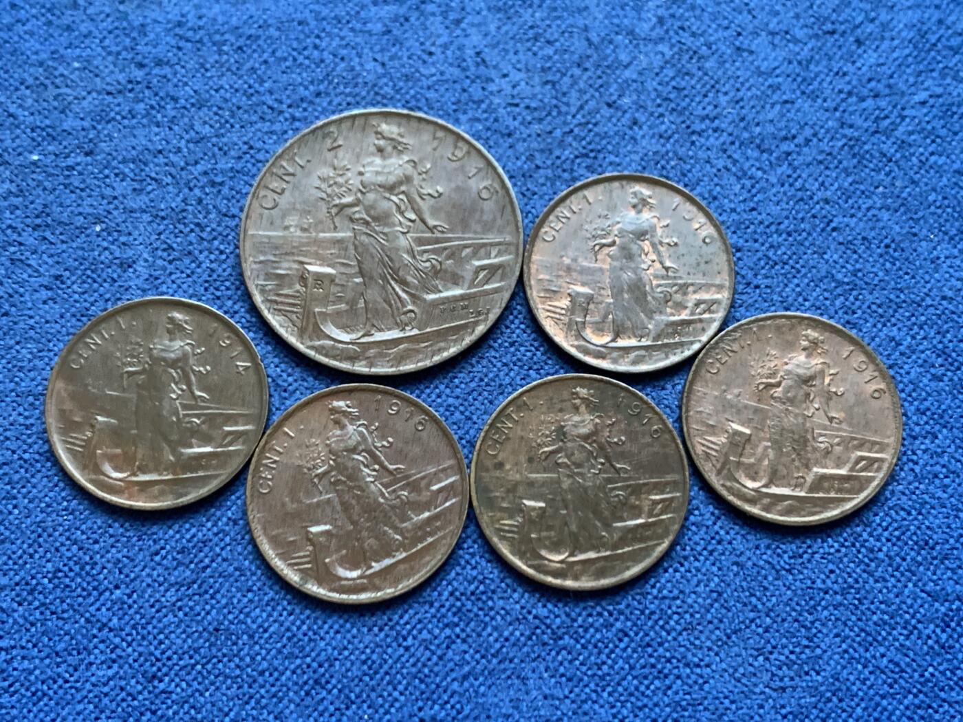 《竞宝斋》第452场 周日，周一 2场连拍 （全场包邮，欢迎送拍） 六枚一组 意大利1914/1916年1分/2分拿花铜币