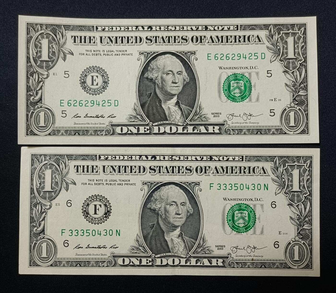 【游宝包邮场】蛇年第103期  美国-1美元【SERIES-2013 A波士顿/B纽约/E里士满/F亚特兰大 全新UNC/INC-】