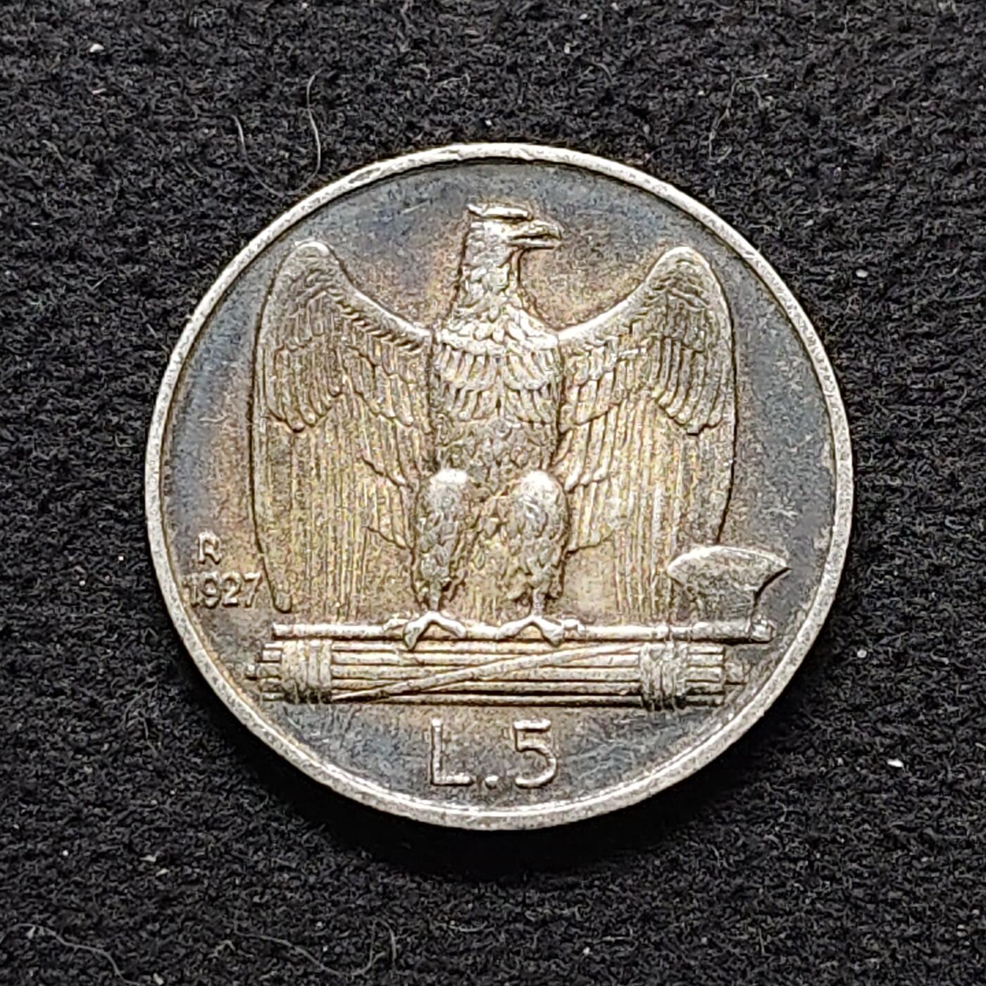 【全场包邮】纯粹捡漏拍490场（免费代拍第27场） 意大利1927年艾曼努尔三世5里拉（23毫米5克）银币