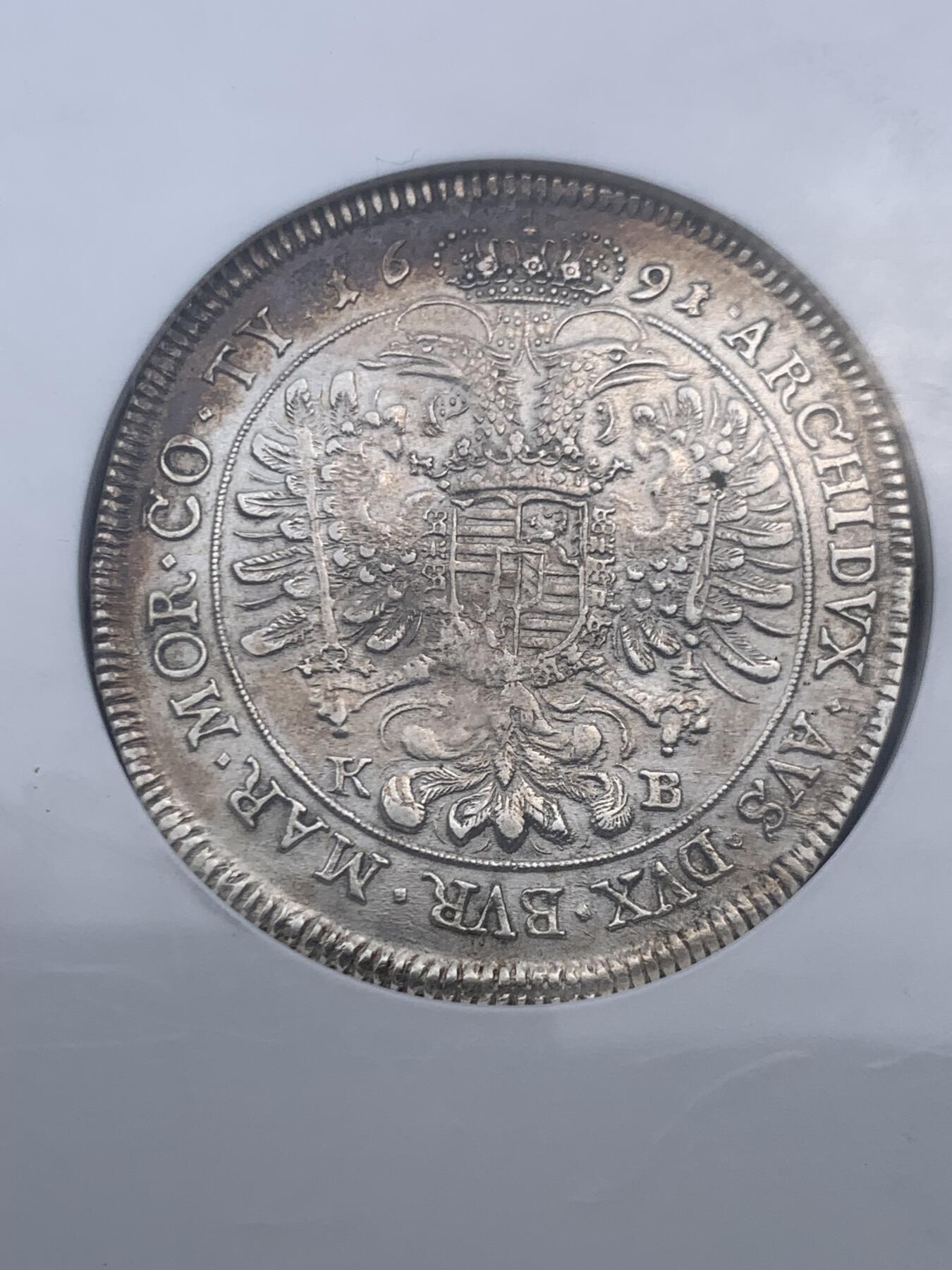 《竞宝斋》第452场 周日，周一 2场连拍 （全场包邮，欢迎送拍） NGC AU 神圣罗马帝国 1691 稀少匈牙利版 利奥博德一世大泰勒 超常规尺寸大盒封装 大波浪经典品种