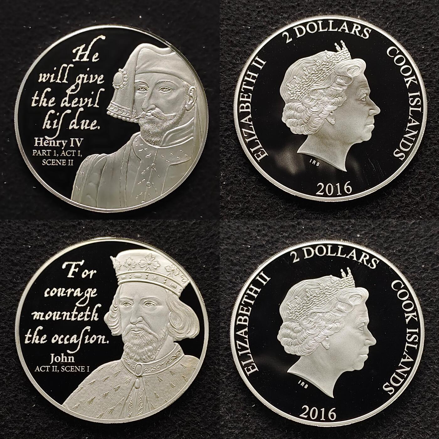 【全场包邮】纯粹捡漏拍491场（免费代拍第28场） 【稀少】库克群岛2016年2元莎士比亚笔下的国王们精制（38.61毫米8克）纪念银币8枚全套（共计64克）-盒证全-量1616