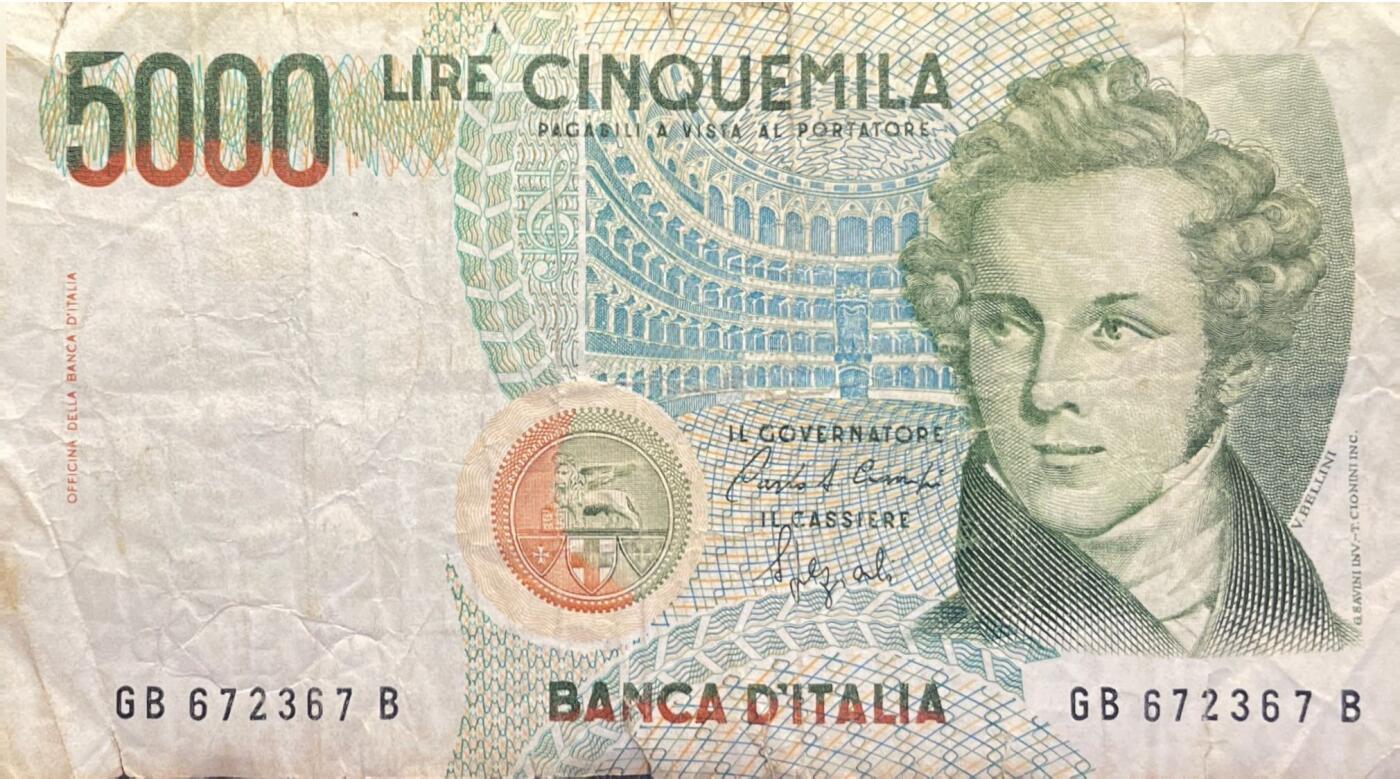 回流1228 1985年意大利5000里拉纸币（贝利尼版）