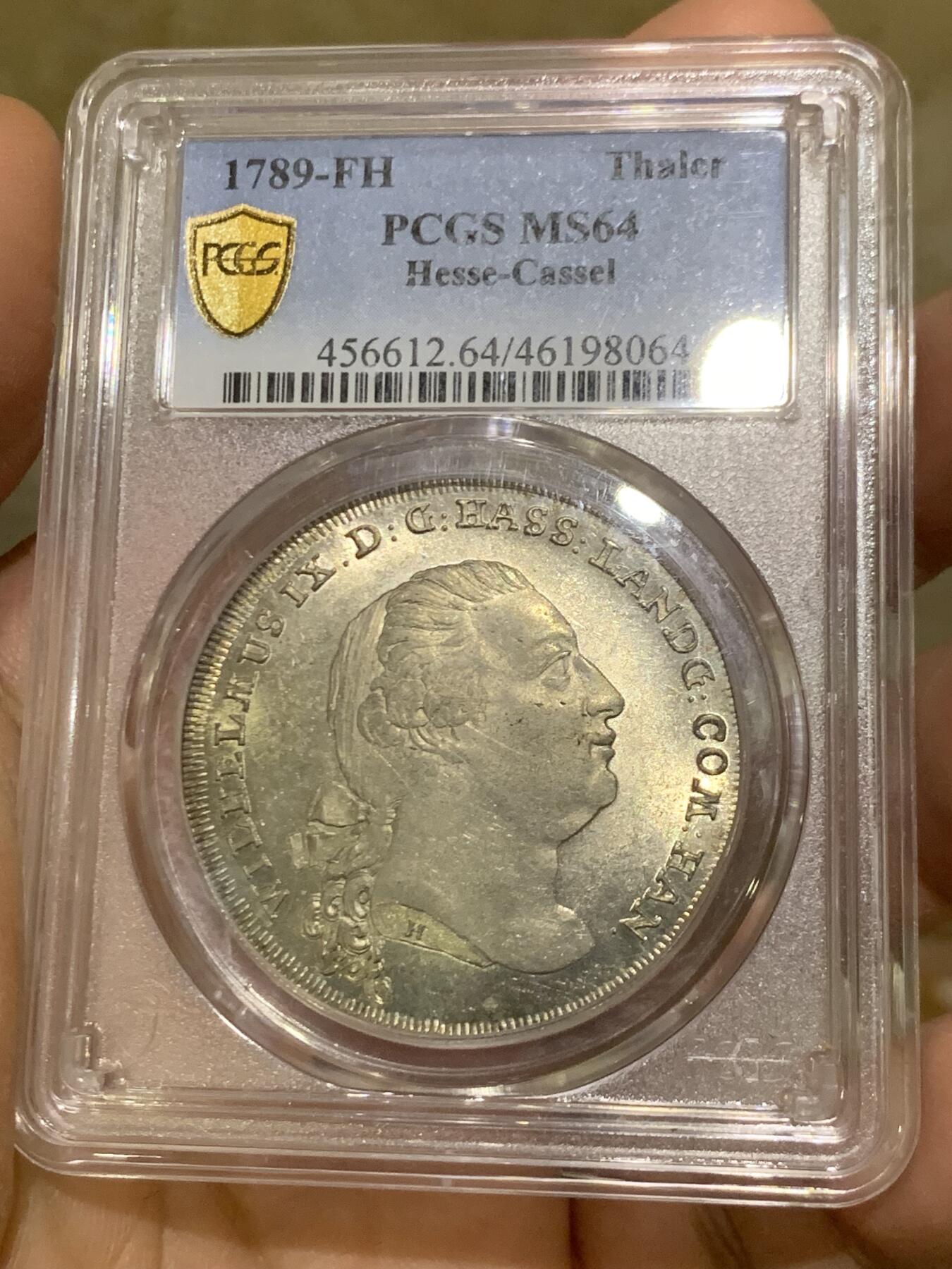 《竞宝斋》第452场 周日，周一 2场连拍 （全场包邮，欢迎送拍） 冠军分 PCGS MS64 德国 1789  黑森-卡塞尔 泰勒大银币 PL底板 丝滑感受 这个状态已无所求