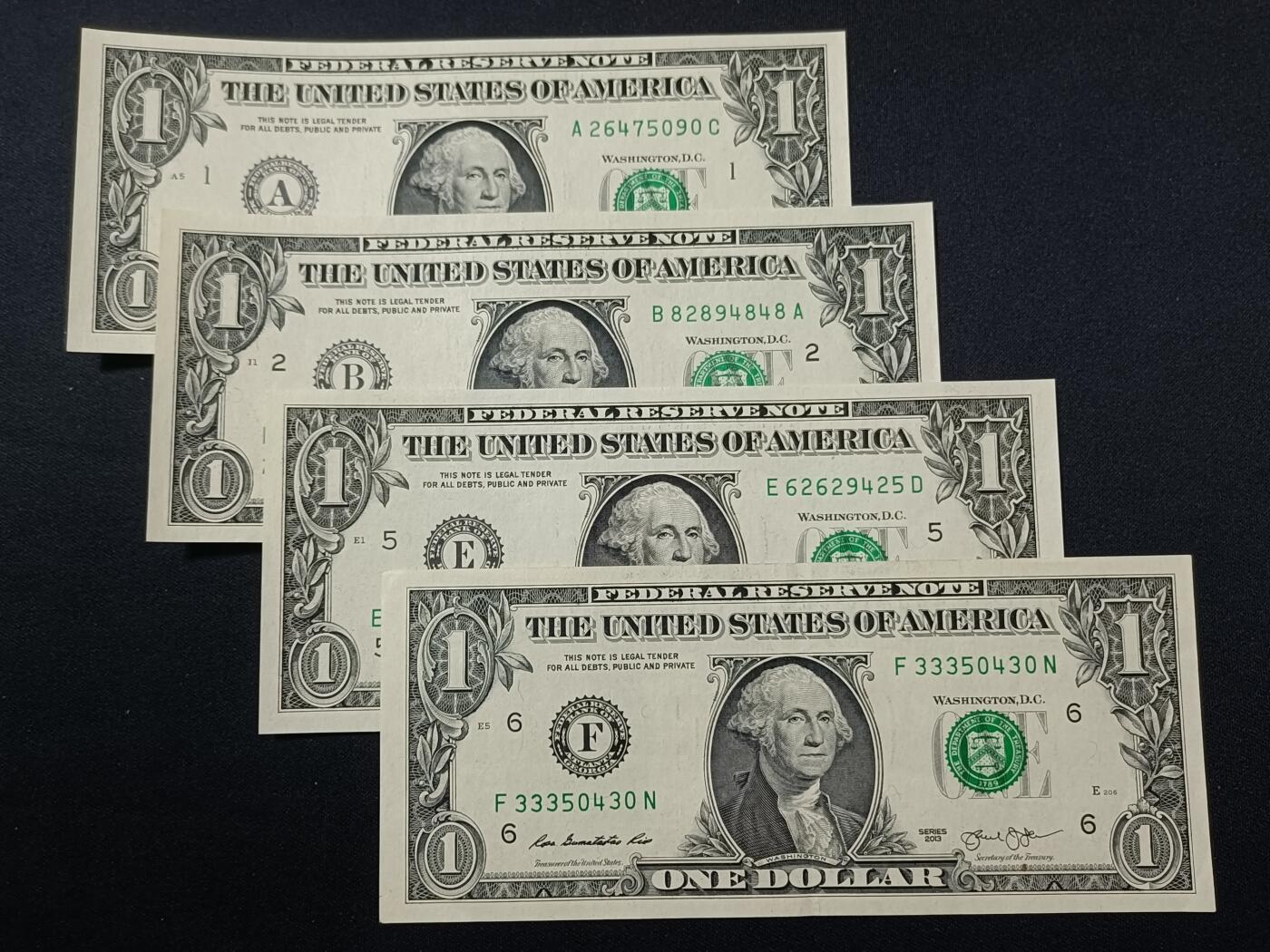 【游宝包邮场】蛇年第103期  美国-1美元【SERIES-2013 A波士顿/B纽约/E里士满/F亚特兰大 全新UNC/INC-】