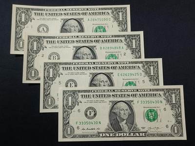 【游宝包邮场】蛇年第103期  - 美国-1美元【SERIES-2013 A波士顿/B纽约/E里士满/F亚特兰大 全新UNC/INC-】