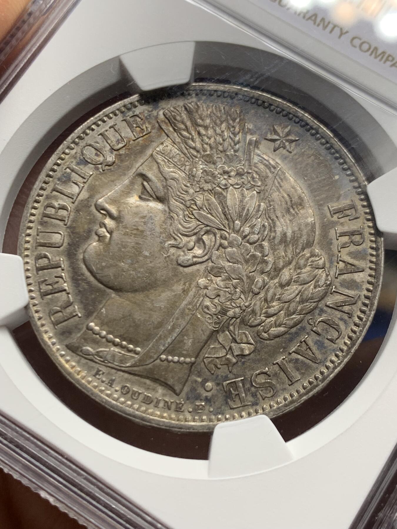 《竞宝斋》第452场 周日，周一 2场连拍 （全场包邮，欢迎送拍） NGC AU58 法国1849年谷物女神5法郎银币 百年醇厚包浆