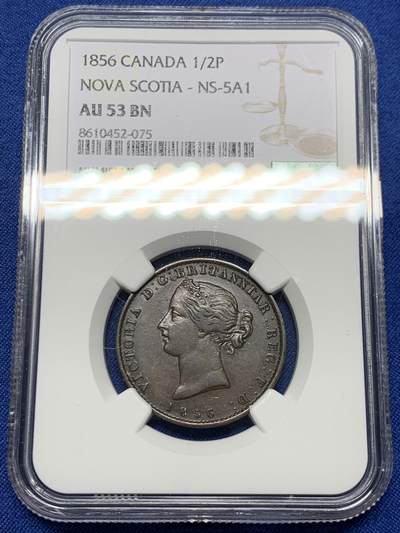 《竞宝斋》第452场 周日，周一 2场连拍 （全场包邮，欢迎送拍） - NGC AU53BN 加拿大1856年小维五月花1/2便士铜币，同分里的好状态，花叶细节精美，北美的代表性花卉，美国开端的象征，没几个好品，稀少品种
