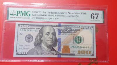 【新年首拍】世界钱币～微拍第222期暨2025年第62期  评级币专场 剩余部分硬通评级币汇率起拍 欢迎参与 - 2017A美国100元 带4豹子号444 PMG67E