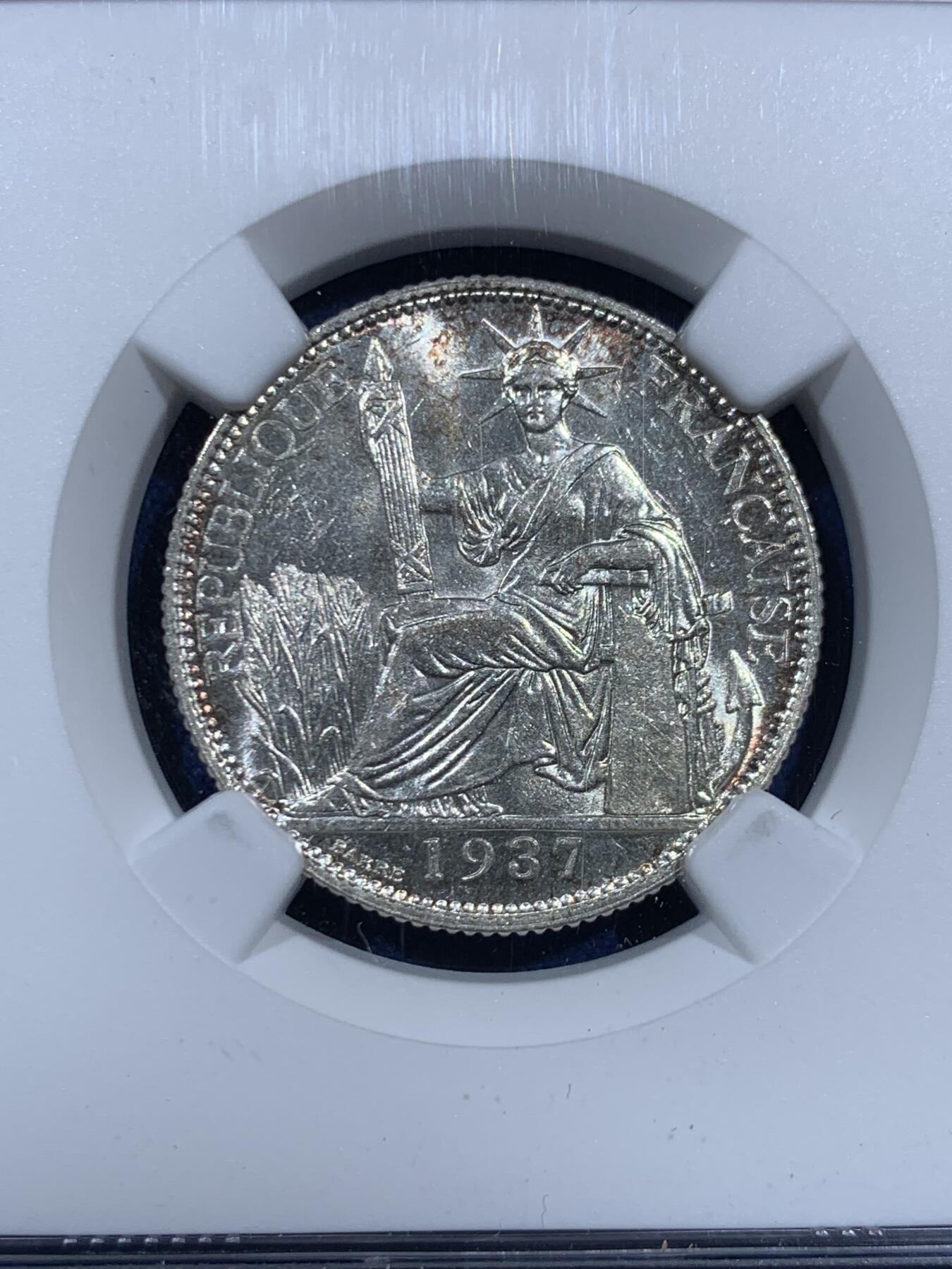 《竞宝斋》第452场 周日，周一 2场连拍 （全场包邮，欢迎送拍） NGC UNCD 法属印支1937年20分银币