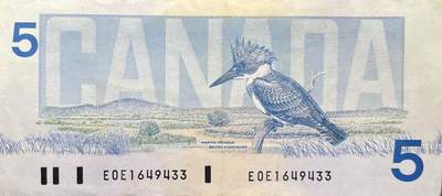 回流1228 - 加拿大1986年5元纸币（“鸟类系列”后期版）第七任总理威尔弗里德·劳里埃肖像/带冠鱼狗