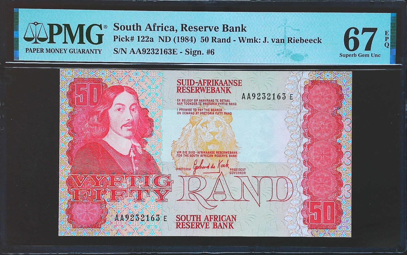 世界靓号纸钞第七十九期 1984年南非50兰特 老版兰特 首发AA冠 全程无47 PMG67 超高分