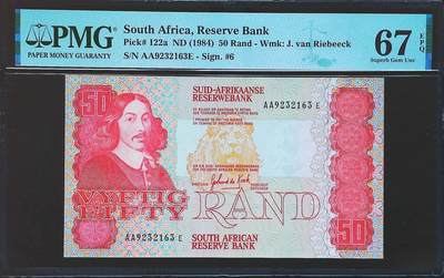 世界靓号纸钞第七十九期 - 1984年南非50兰特 老版兰特 首发AA冠 全程无47 PMG67 超高分