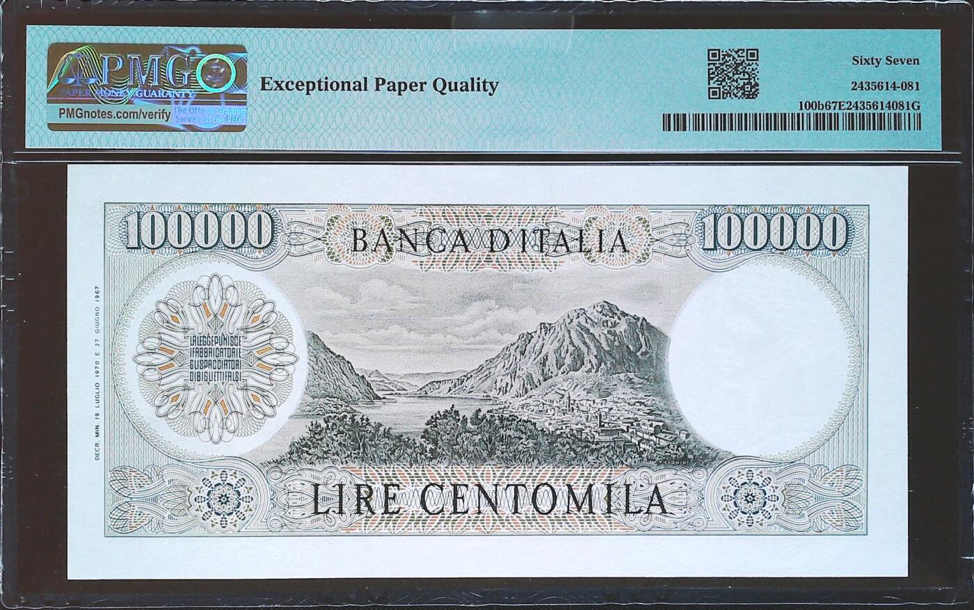 世界靓号纸钞第七十九期 1970年意大利100000里拉 全程无4 PMG67 超高分 经典曼佐尼